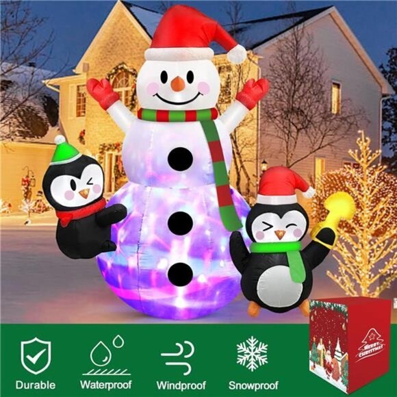 7 FT Christmas Inflatable Snowman Penguins Built-in Rotating Colorful LED Lights - Picture 5 of 6